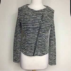 H&M Women's Black White Tweed Moto Zip Knit Jacket Size Small Classic Coastal